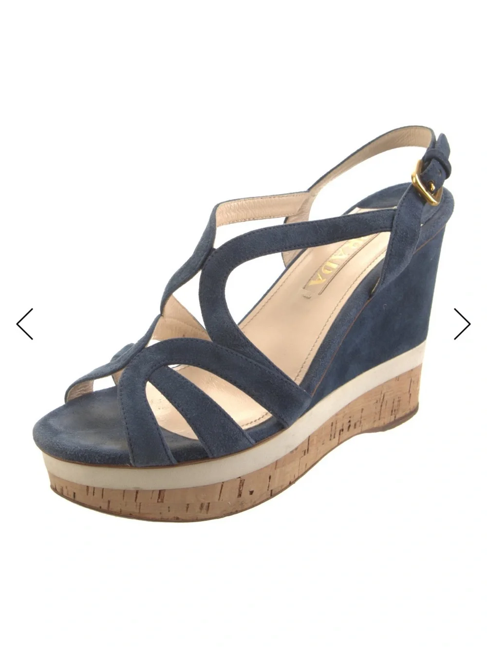 Prada so 9 Women's Navy Suede Wedge Sandals with Cork Platform